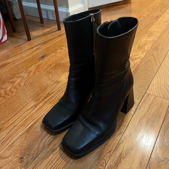 Feners Square Toe Black Leather Ankle Boots - Picture 1 of 5